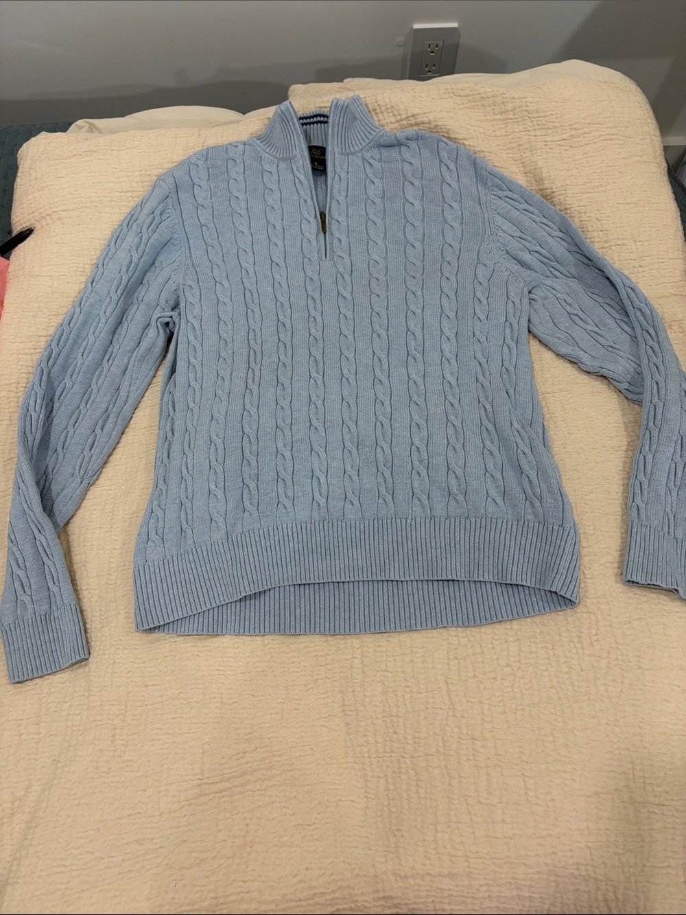 Brooks Brothers Pale Blue Ribbed Half-Zip Sweater with Navy Trim